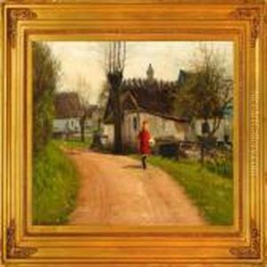 Girl With A Picnic Basket On A Village Road, Early Springtime