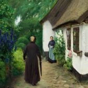 Two Women I Front Of A Cottage On A Summer Day