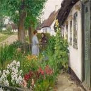 Two Women Inconversation In A Flowering Garden