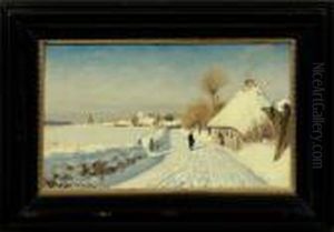 Danischewinterlandschaft Mit Dorf Im Schnee