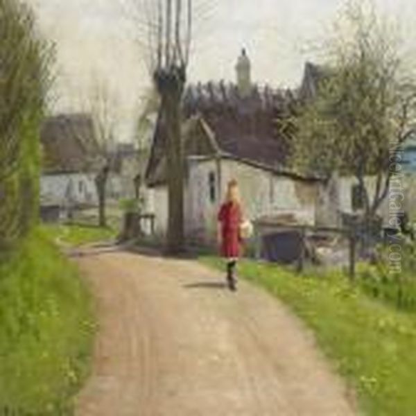 A Young Girl At A Small Village Road In Early Spring Time - view 1