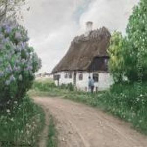 Exterior With Treesin Bloom And Man By Cottage