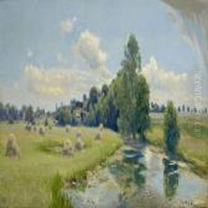 A Summer Sceneryalong Odense A With Harvesters In The Field