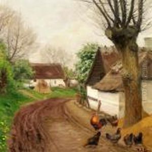 Fowls Under A Tree Near A Whitewashed Cottage