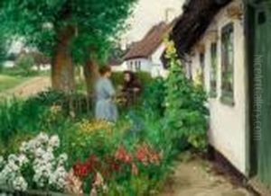 Two Women In A Garden In Front Of White Farmhouses