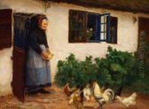 H. A. Brendekilde: An Old Woman Is Feeding Her Chicken In Front Of A White House by Hans Anderson Brendekilde