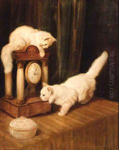 Two Persian cats with a clock on a table