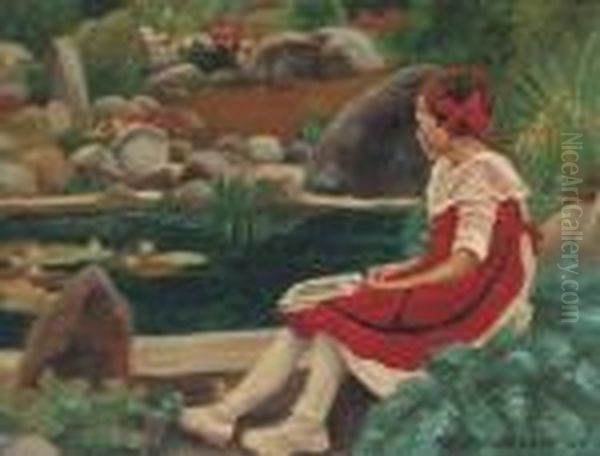 A Young Girl Seated By A Pond - view 1