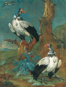 Two vultures by a tree in an extensive landscape, and another bird in flight by Ferdinand Phillip de Hamilton