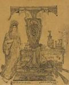 The Letter T With A Regency 
Marquis Standing Next To A Table With Alarge Pot Below A Canopy, A Dog 
On The Left And Bird Flying On Theright