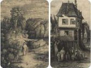 Et In Arcadia Ego; And A Busy Continental Street Scene by Rodolphe Bresdin