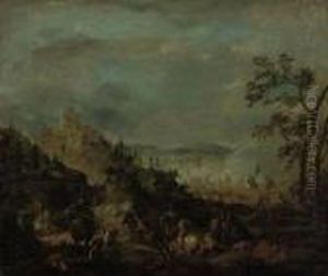 A Cavalry Skirmish With A Fortified Town Beyond by Karel Van Breydel (Le Chevalier)