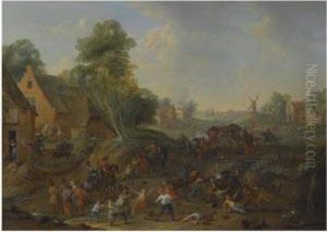 A Landscape With A Cavalry Skirmish And A Village Underattack