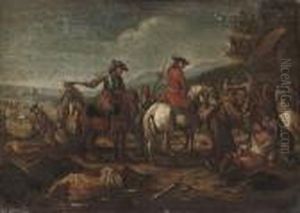 A Battle Field With Cavalrymen Giving Orders To Troops, Monks Tending To The Wounded by Karel Van Breydel (Le Chevalier)
