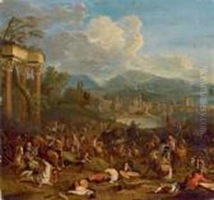 Battaglia Di Cavalieri In Un Paesaggio Fluviale Di Fronte Ad Antiche Rovine