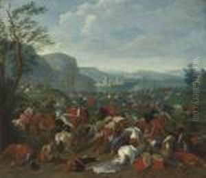 A Wooded Landscape With A Cavalry Battle And A Village Under Siege, A Fort Beyond