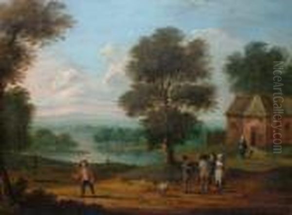 Figures By A Cottage With Woodland And A River Landscape Beyond - view 1