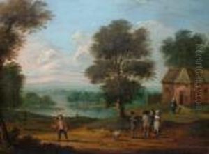 Figures By A Cottage With Woodland And A River Landscape Beyond Figures By A Cottage With Woodland And A River Landscape Beyond