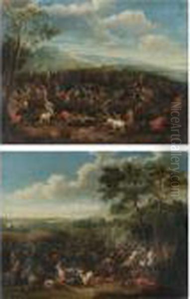 A Cavalry Battle In An Extensive
 Landscape With A Coastal Fort Beyond And A Hilltop Town In The 
Distance; A Cavalry Battle In An Extensive Landscape With A City In The 
Distance - view 1