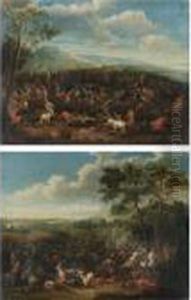 A Cavalry Battle In An Extensive
Landscape With A Coastal Fort Beyond And A Hilltop Town In The
Distance; A Cavalry Battle In An Extensive Landscape With A City In The
Distance by Karel Van Breydel (Le Chevalier)