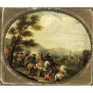A Cavalry Battle Scene With A Fortified Castle Beyond A Cavalry Battle Scene With A Fortified Castle Beyond