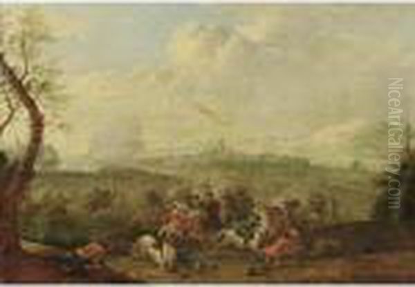 A Cavalry Battle Scene With A Village Beyond - view 1