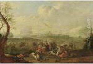 A Cavalry Battle Scene With A Village Beyond by Karel Van Breydel (Le Chevalier)