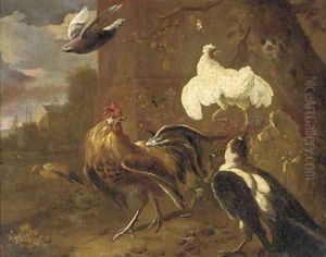 A cockerall, a chicken, a magpie and other birds by a farm building