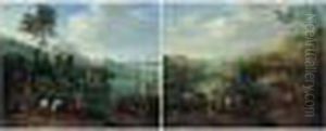 River Landscapes With Drovers
And Soldiers Conversing In The Foreground, Figures In Boats And Towns
Beyond by Karel Van Breydel (Le Chevalier)