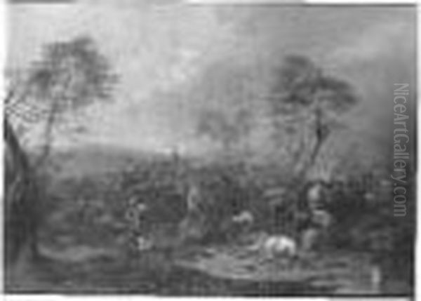 Combat De Cavalerie Entre Turcs Et Chretiens. Huile Sur Panneau - view 1