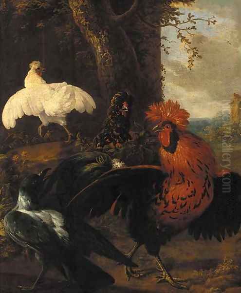 A cockerel, a raven and chickens in a clearing - view 1