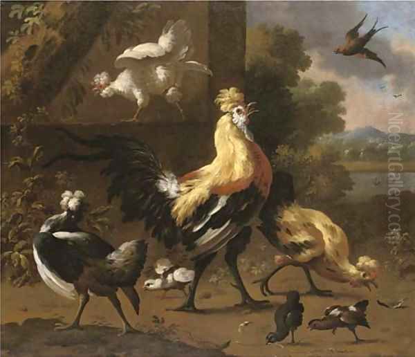 A cockerel and hens in a river landscape - view 1