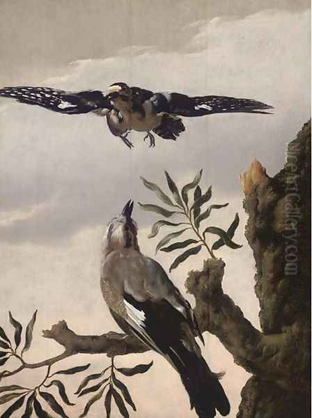 A jay perched on a tree stump and a lapwing flying above - view 1