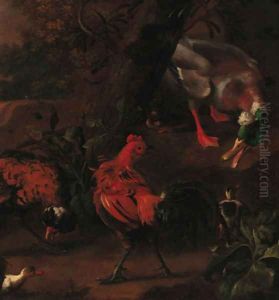 A mallard, two cockerels and ducklings in a landscape