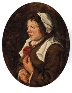 A young peasant woman, half-length, in a brown dress and a white cap by Jan or Johannes Hals