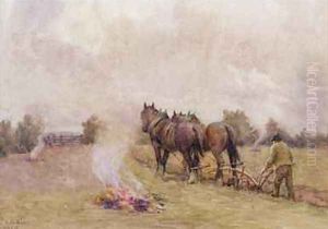 Ploughing Scene with Fires in a Field by Jessie Hall