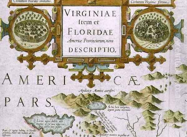 Title cartouche and insets detail of the map of North Carolina titled Virginiae item et Floridae from the Mercator Atlas - view 1