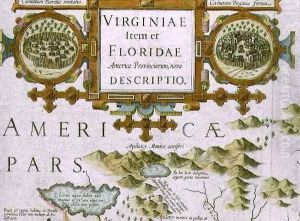 Title cartouche and insets detail of the map of North Carolina titled Virginiae item et Floridae from the Mercator Atlas by Jodocus Hondius