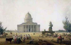 View of the Pantheon in Paris with a carriage bearing a statue of Jean Jacques Rousseau by Jean-Baptiste Hilaire