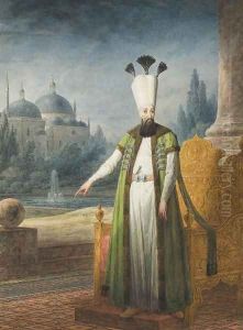 Portrait of Sultan Abd-ul Hamid I standing in front of a golden throne, a domed palace in the distance by Jean-Baptiste Hilaire