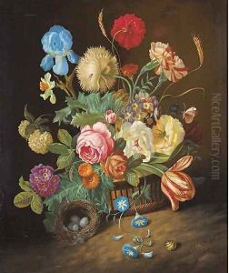 Irises, roses, tulips, peonies, poppies, marigolds in a basket and a bird's nest