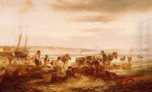 Fisherfolk on the Beach before Penzance St Michaels Mount in the Distance by C.H. Hart
