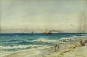 Children Playing On The Beach, A Steamship And Sailing Ships In The Distance by Alfred Thompson Bricher