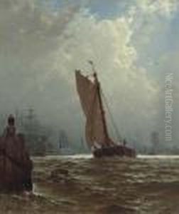 New York Harbor With The Brooklyn Bridge Under Construction by Alfred Thompson Bricher