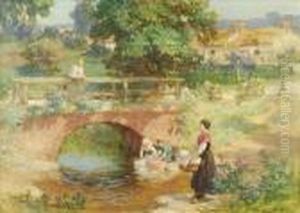 Washing Laundry In A Village Stream by Frederick Arthur Bridgman