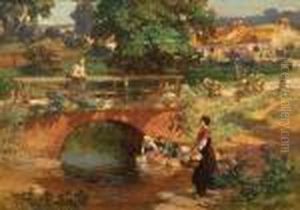 Village Scene,washing Laundry by Frederick Arthur Bridgman