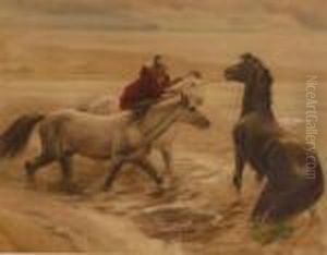Native American And Horses On The Shore by Frederick Arthur Bridgman