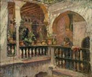 Femme Accoudee A L'interieur Du Riad by Frederick Arthur Bridgman