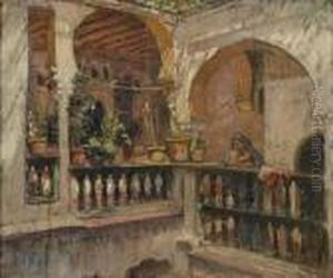 Femme Accoudee Al'interieur Du Riad by Frederick Arthur Bridgman