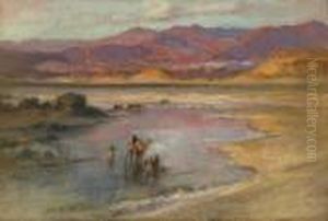 Crossing An Oasis, With The Atlas Mountains In The Distance, Morocco by Frederick Arthur Bridgman